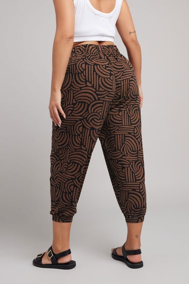 Yours Curve Brown Abstract Print Cropped Harem Joggers