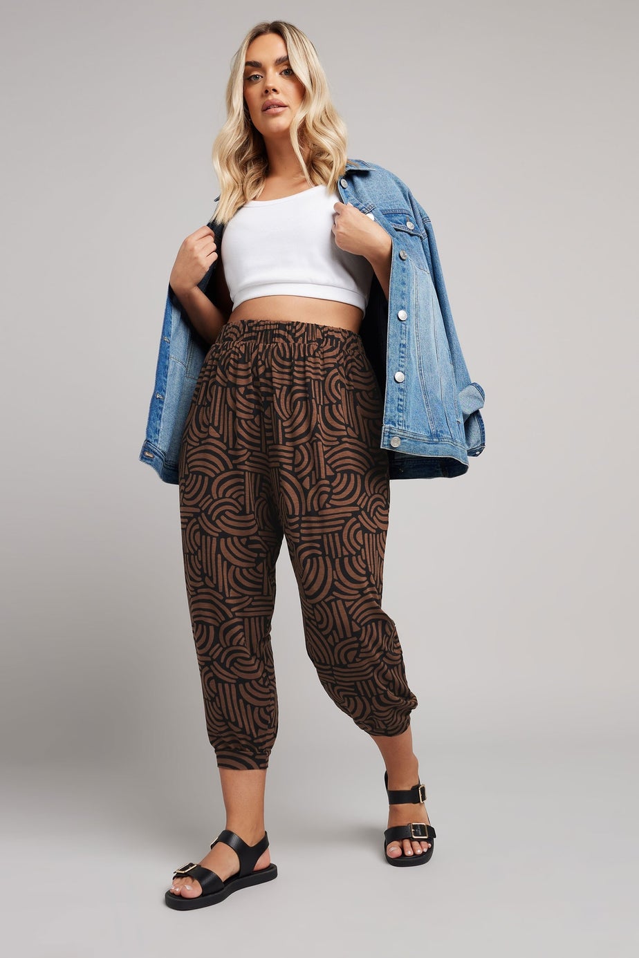 Yours Curve Brown Abstract Print Cropped Harem Joggers