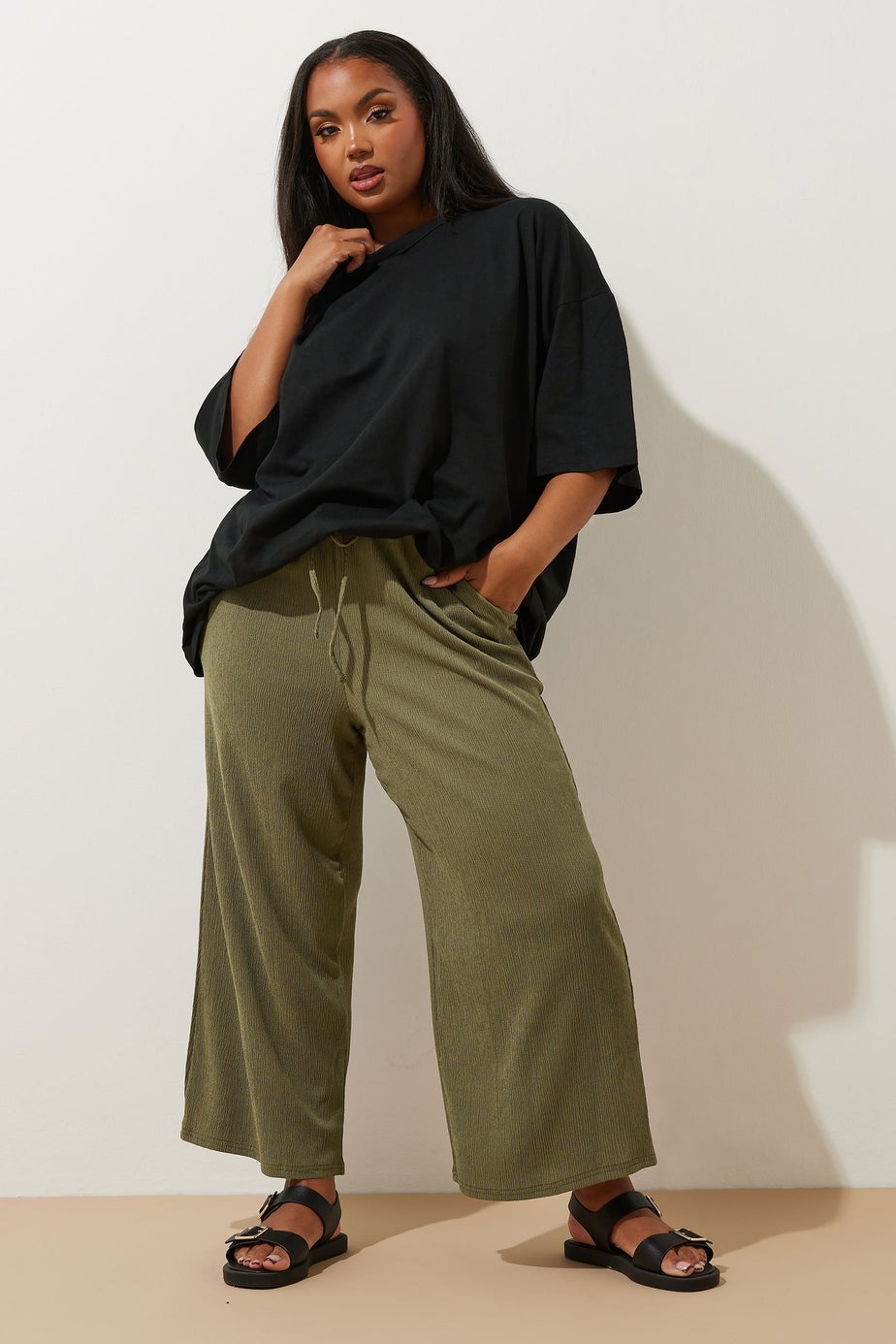 Yours Curve Khaki Green Textured Culottes