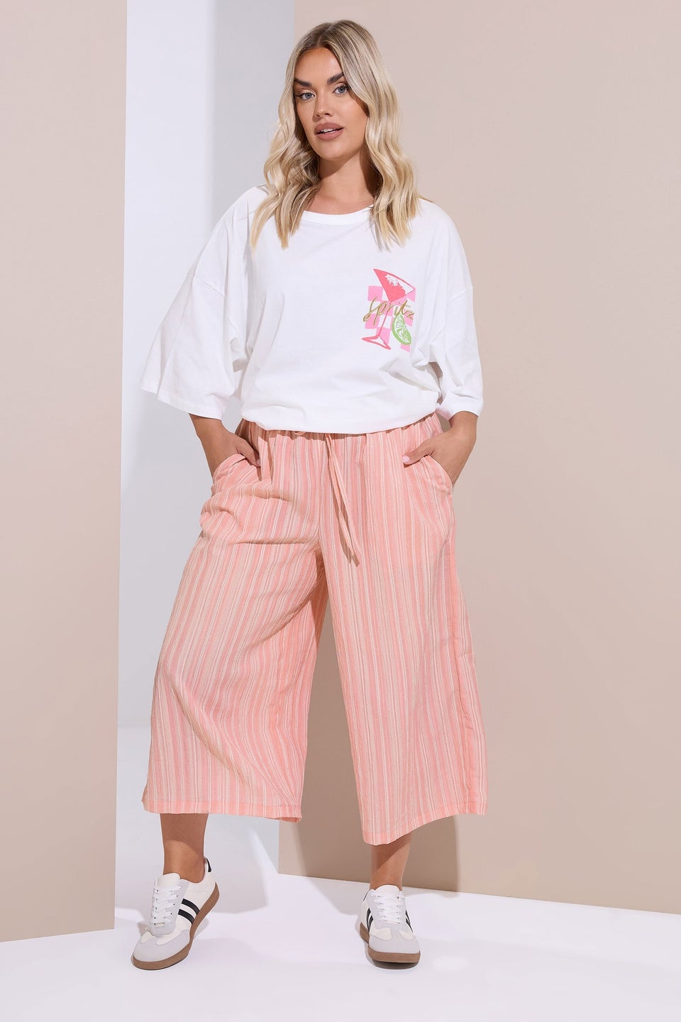 Yours Curve Pink Stripe Textured Cropped Trousers