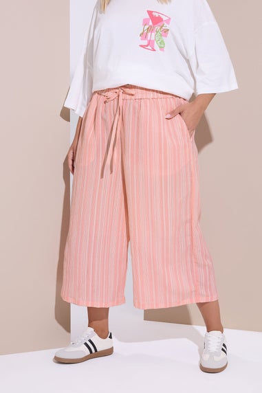 Yours Curve Pink Stripe Textured Cropped Trousers