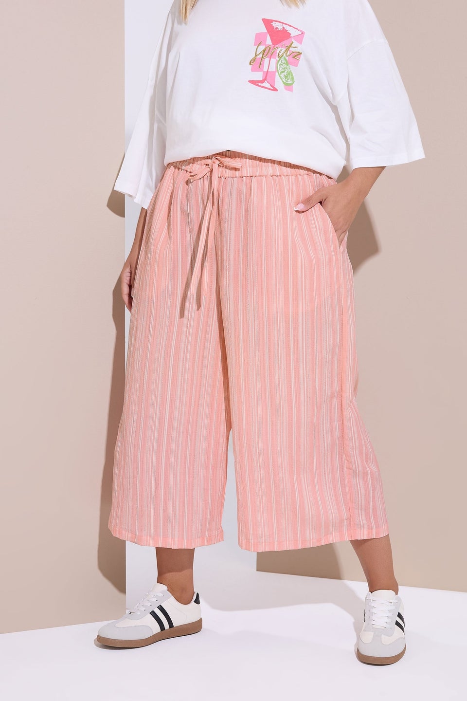 Yours Curve Pink Stripe Textured Cropped Trousers