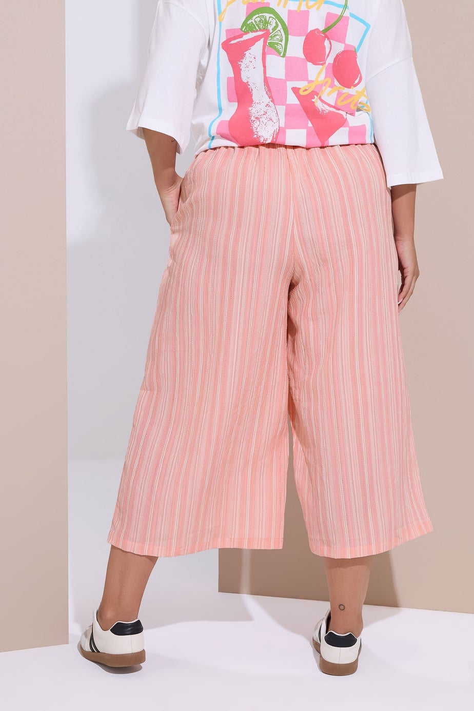 Yours Curve Pink Stripe Textured Cropped Trousers