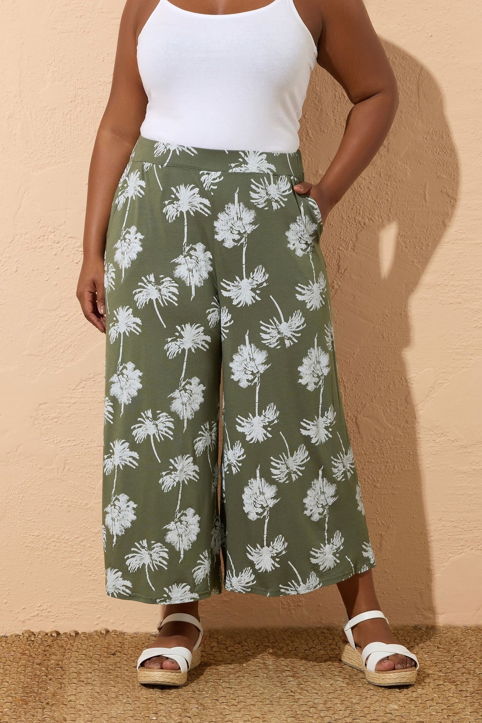 Yours Curve Khaki Green Palm Tree Midaxi Culottes
