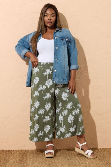 Yours Curve Khaki Green Palm Tree Midaxi Culottes