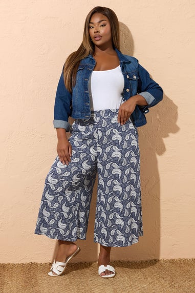 Yours Curve Navy Blue Paisley Print Midaxi Culottes