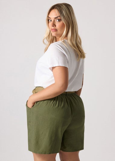 Yours Curve Khaki Green Belted Linen Shorts