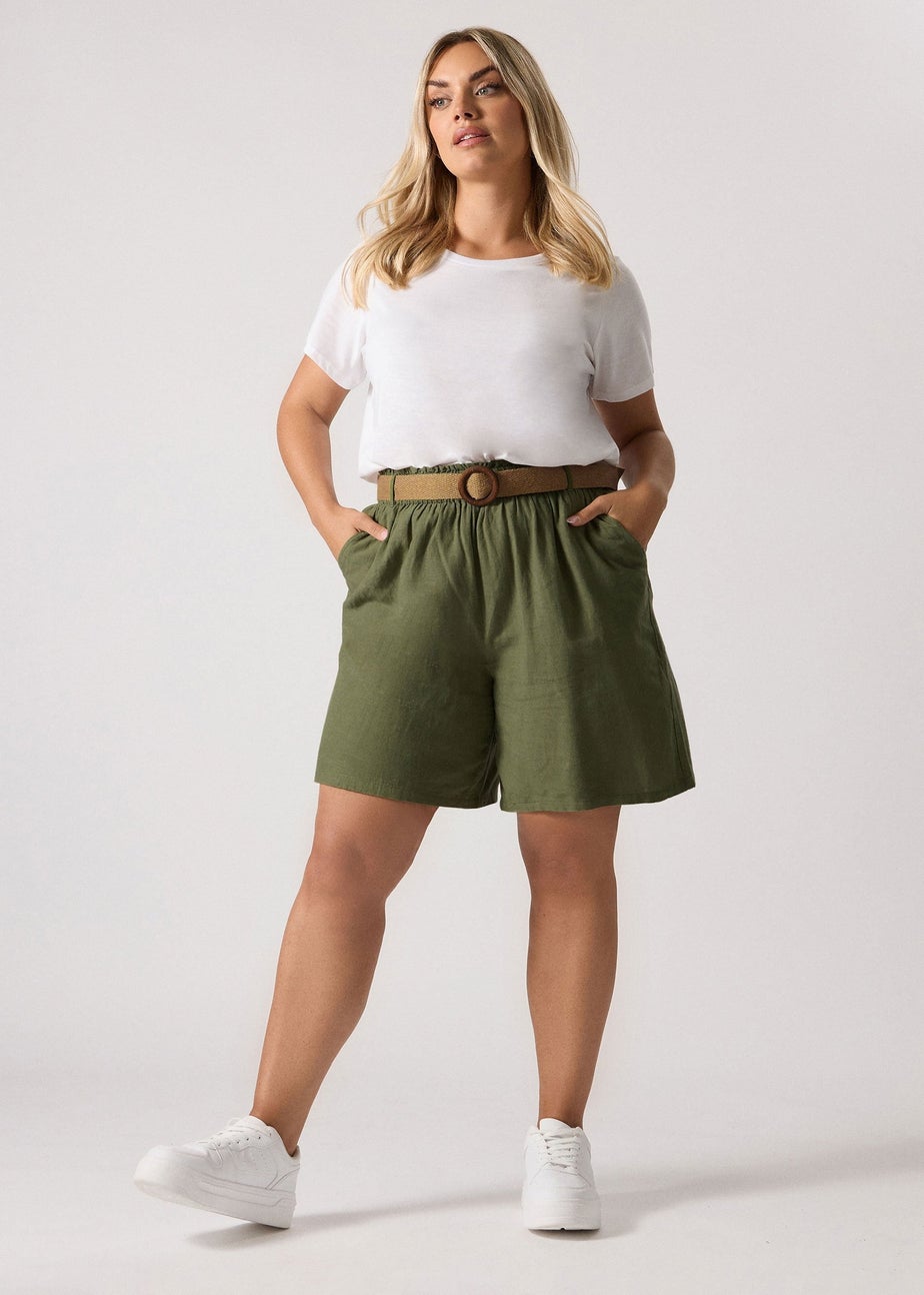 Yours Curve Khaki Green Belted Linen Shorts
