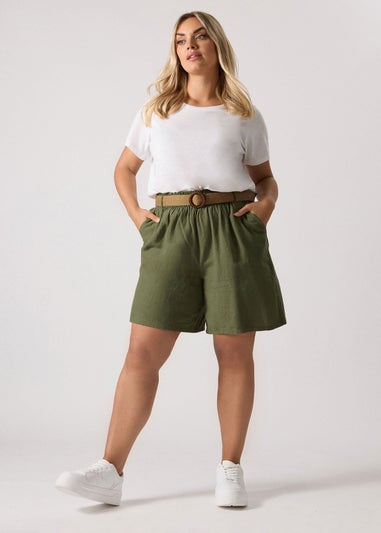 Yours Curve Khaki Green Belted Linen Shorts