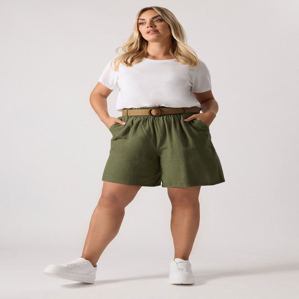 Yours Curve Khaki Green Belted Linen Shorts