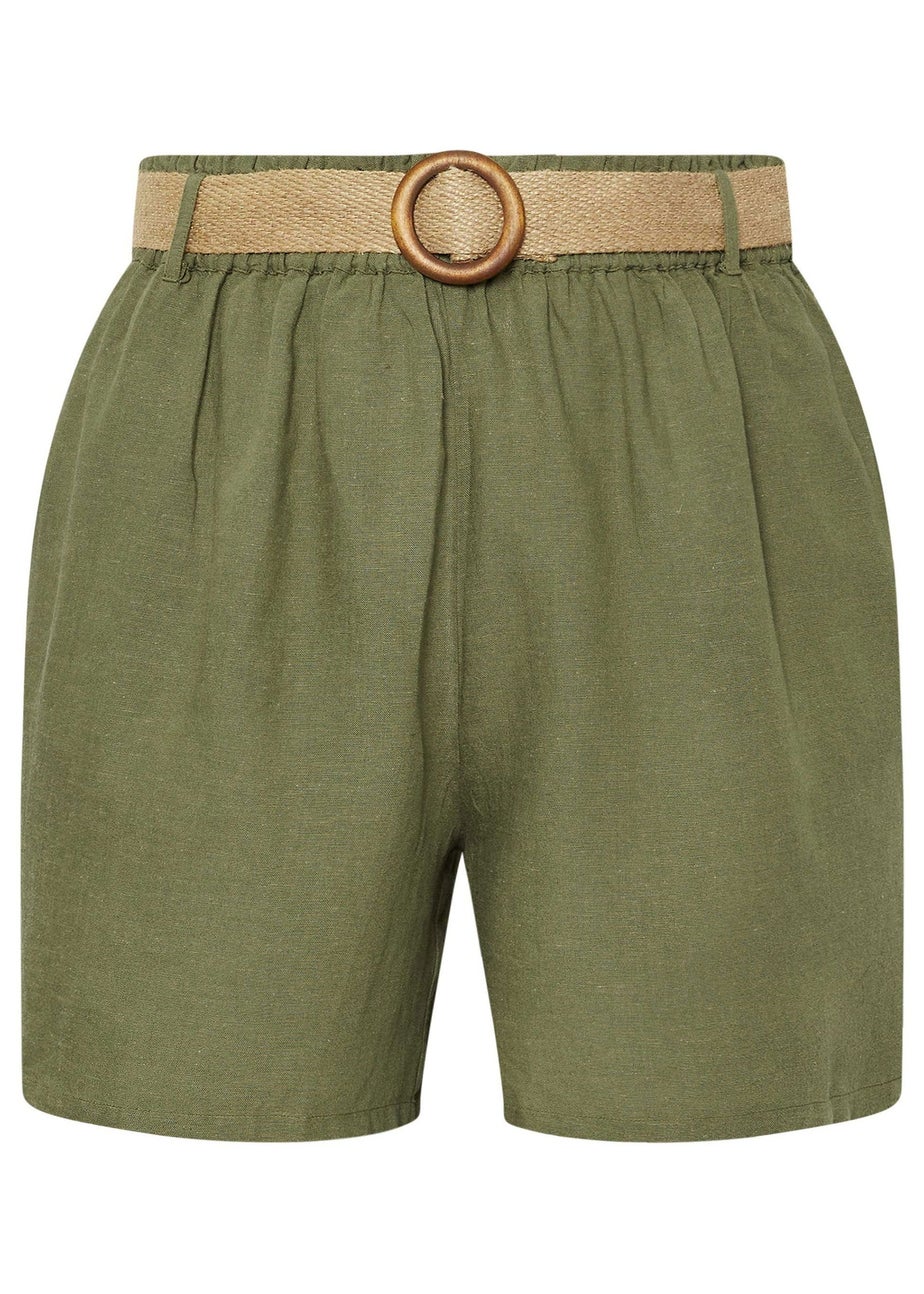 Yours Curve Khaki Green Belted Linen Shorts