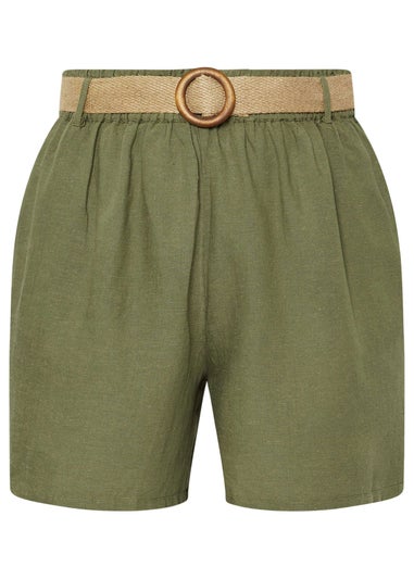 Yours Curve Khaki Green Belted Linen Shorts