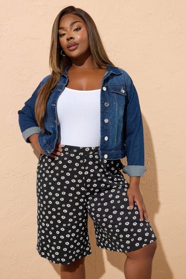 Yours Curve Black Daisy Print Jersey Shorts