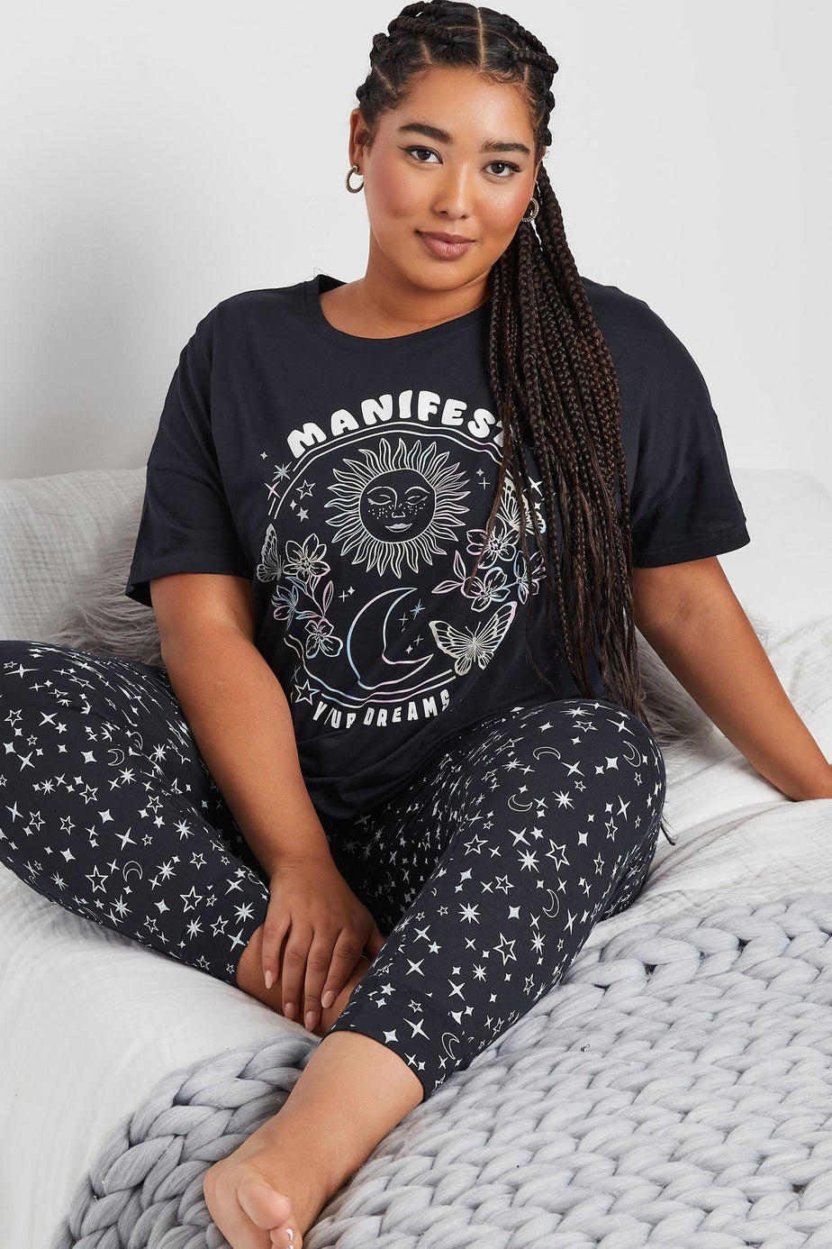 YOURS Curve Navy Blue 'Manifest' Star Print Cuffed Pyjama Set