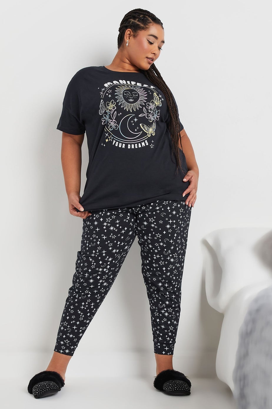 YOURS Curve Navy Blue 'Manifest' Star Print Cuffed Pyjama Set