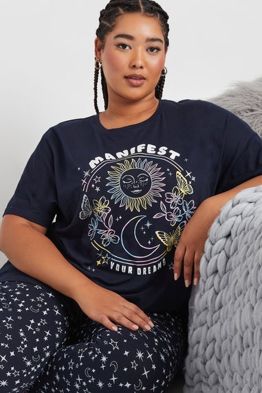 YOURS Curve Navy Blue 'Manifest' Star Print Cuffed Pyjama Set