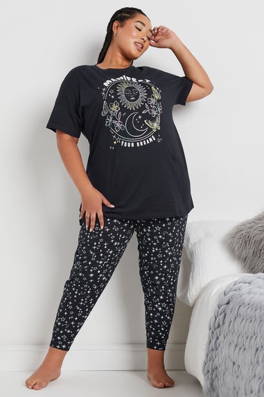 YOURS Curve Navy Blue 'Manifest' Star Print Cuffed Pyjama Set