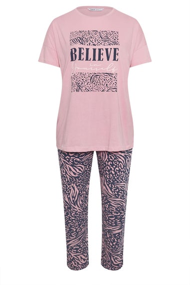 YOURS Curve Pink 'Believe' Leopard Print Pyjama Set