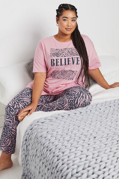 YOURS Curve Pink 'Believe' Leopard Print Pyjama Set