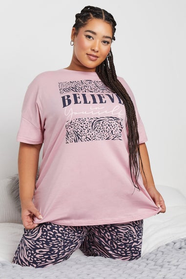 YOURS Curve Pink 'Believe' Leopard Print Pyjama Set