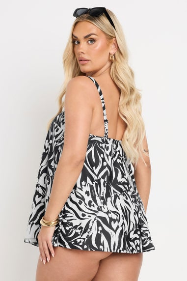 Yours Curve Black Abstract Animal Print Pleat Front Tankini Top