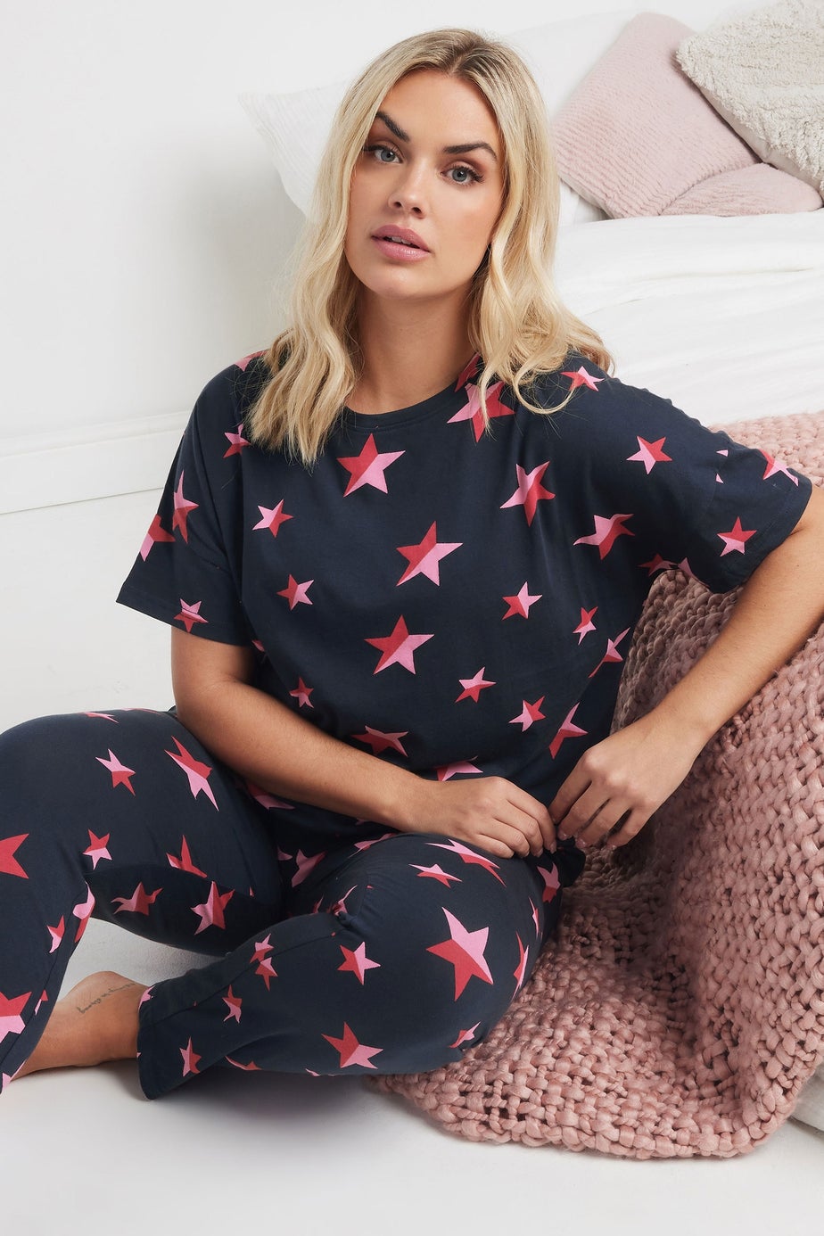 YOURS Curve Navy Blue Star Print Pyjama Set
