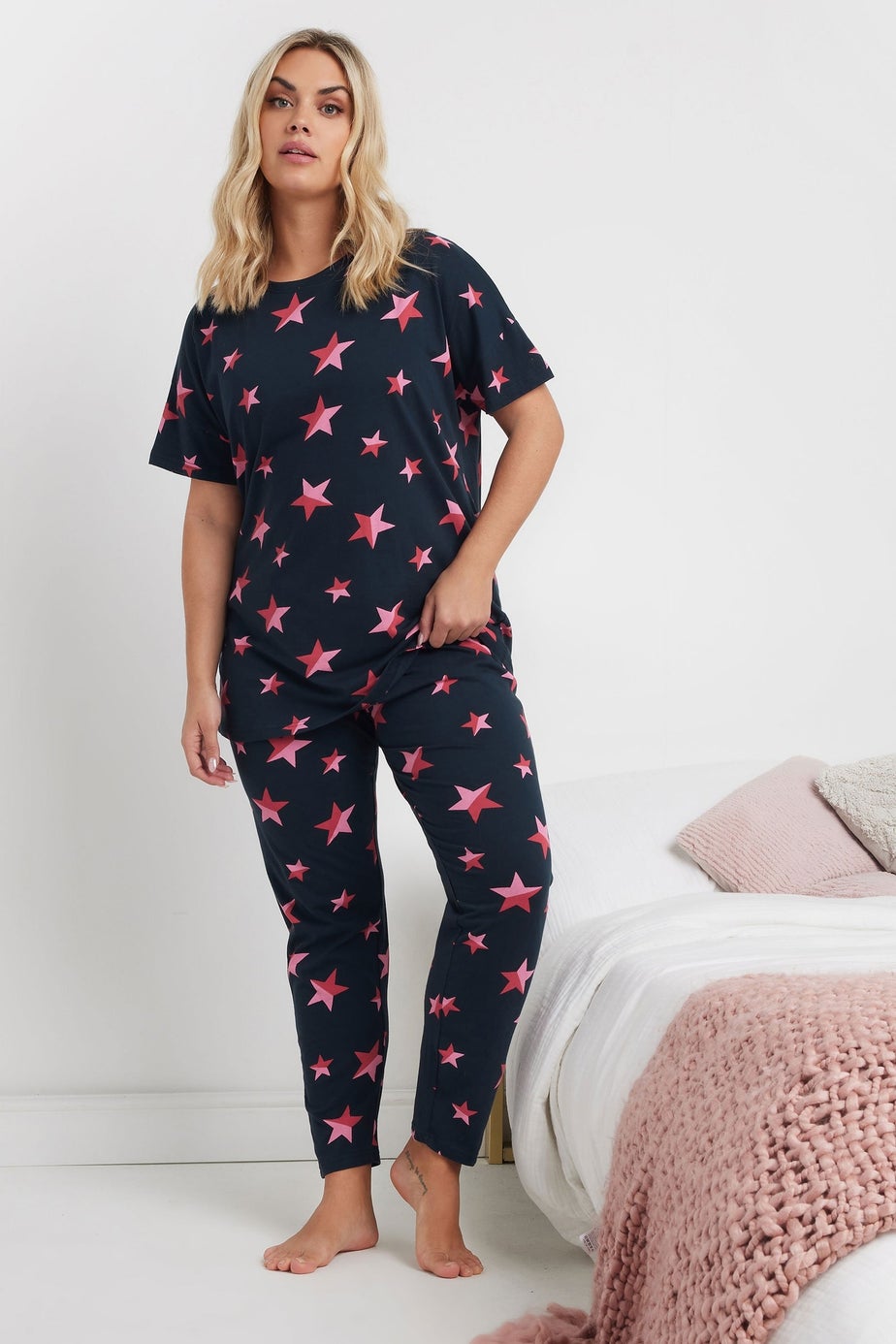 YOURS Curve Navy Blue Star Print Pyjama Set