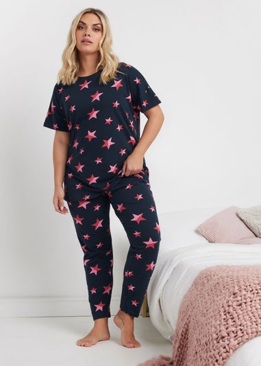 YOURS Curve Navy Blue Star Print Pyjama Set