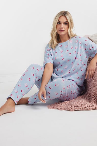 YOURS Curve Light Blue Cherry Bow Print Pyjama Set