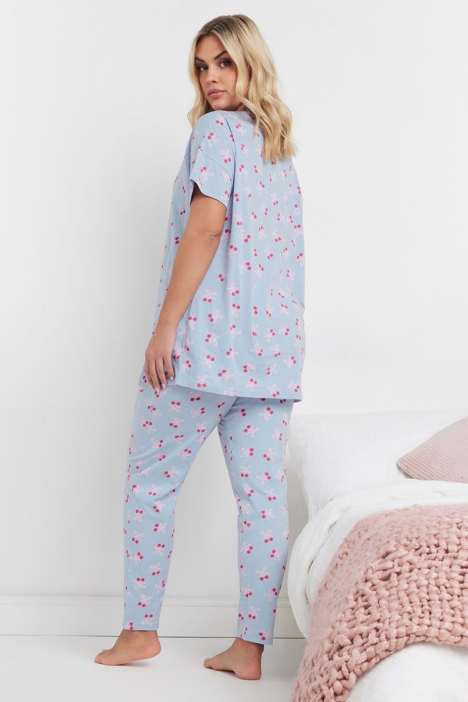 YOURS Curve Light Blue Cherry Bow Print Pyjama Set