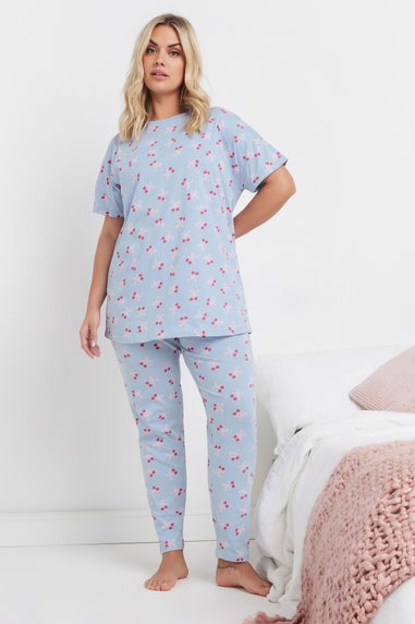 YOURS Curve Light Blue Cherry Bow Print Pyjama Set