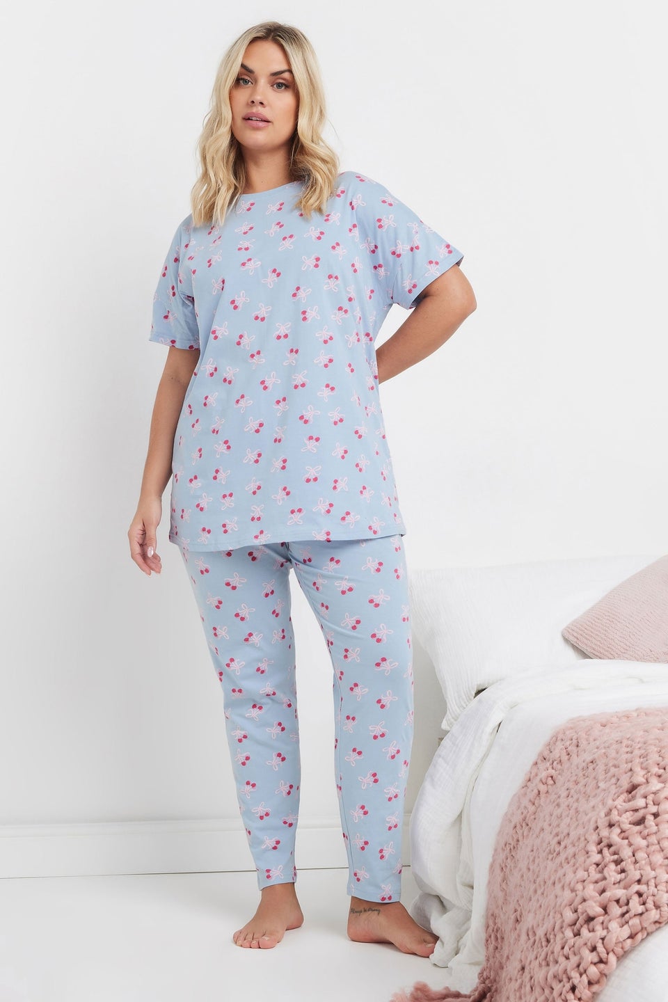 YOURS Curve Light Blue Cherry Bow Print Pyjama Set