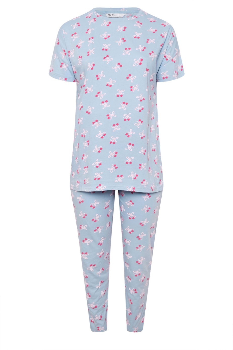 YOURS Curve Light Blue Cherry Bow Print Pyjama Set