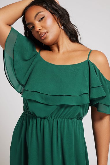 Yours London Curve Forest Green Frill Cold Shoulder Maxi Dress
