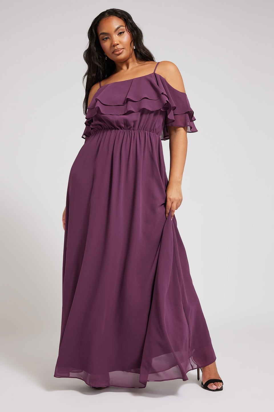 Yours London Curve Purple Frill Cold Shoulder Maxi Dress
