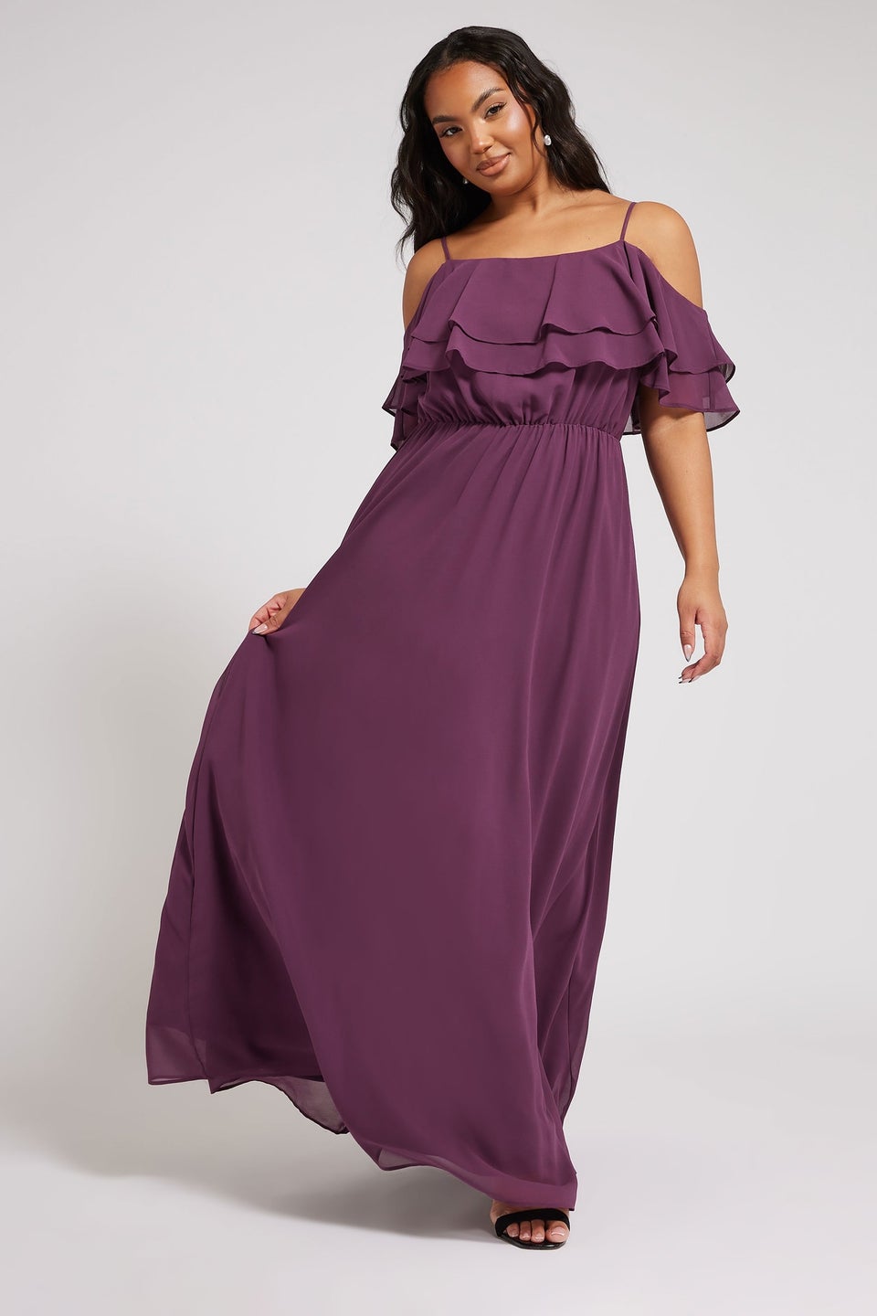 Yours London Curve Purple Frill Cold Shoulder Maxi Dress