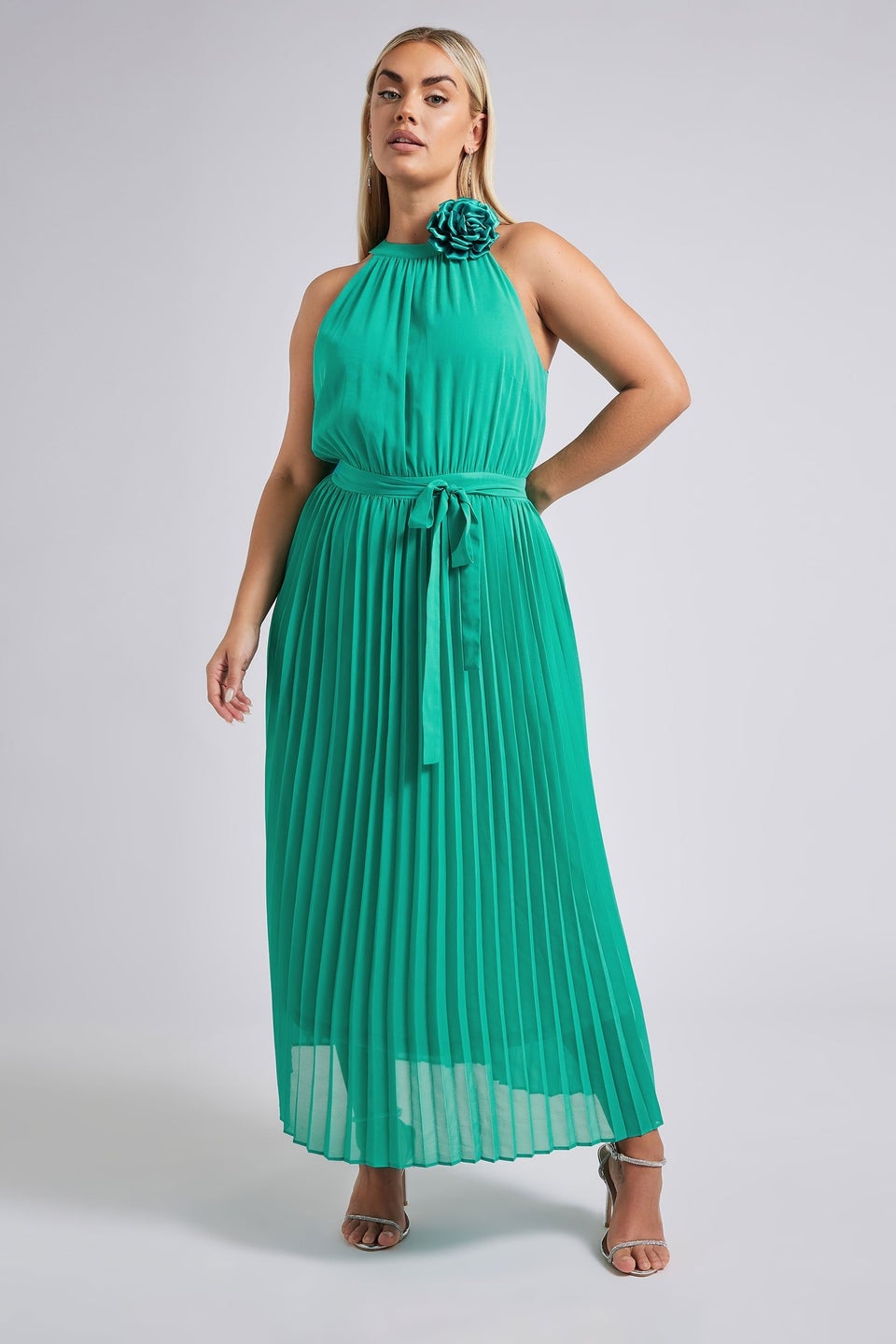 Yours London Curve Green Corsage Detail Pleated Maxi Dress