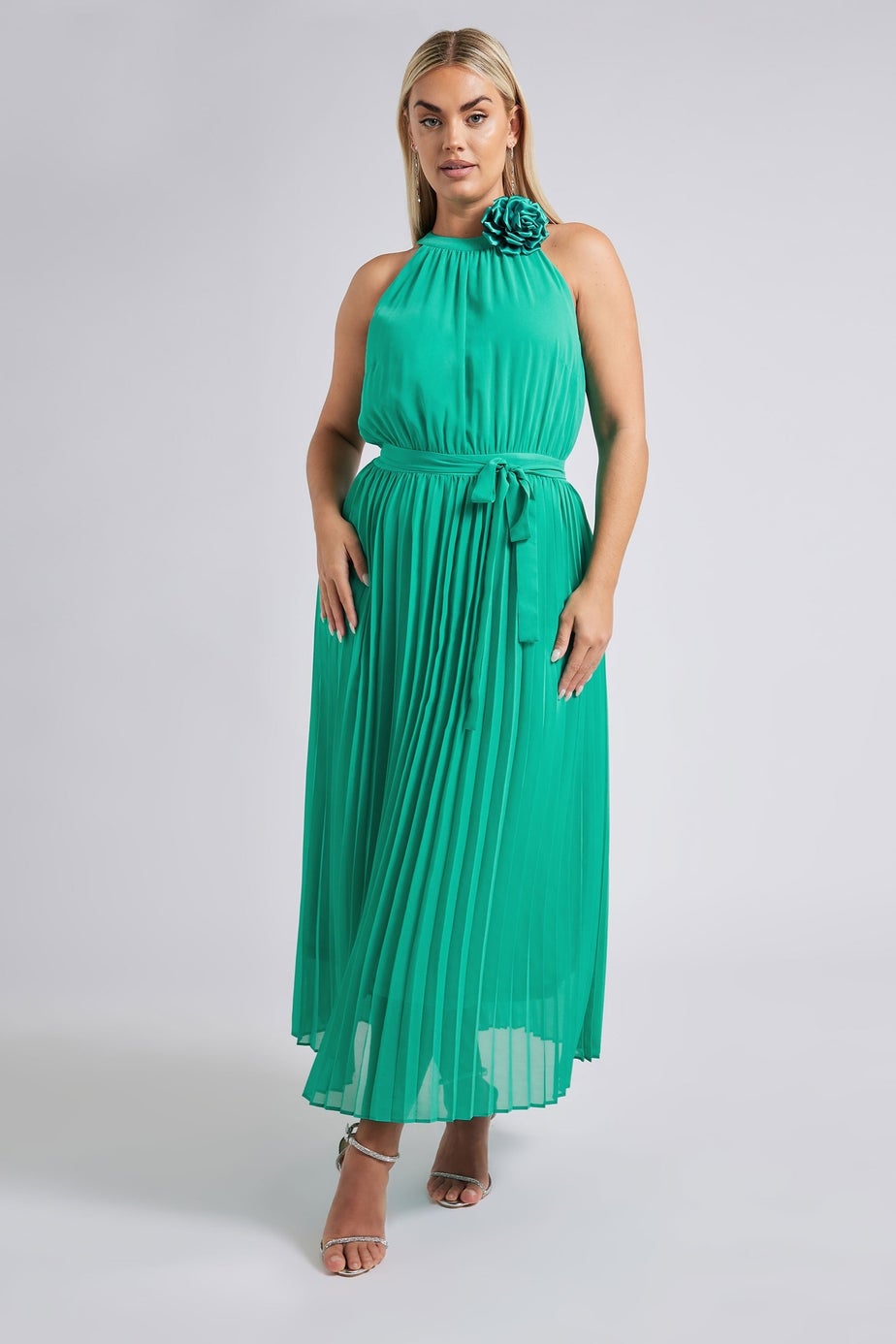 Yours London Curve Green Corsage Detail Pleated Maxi Dress