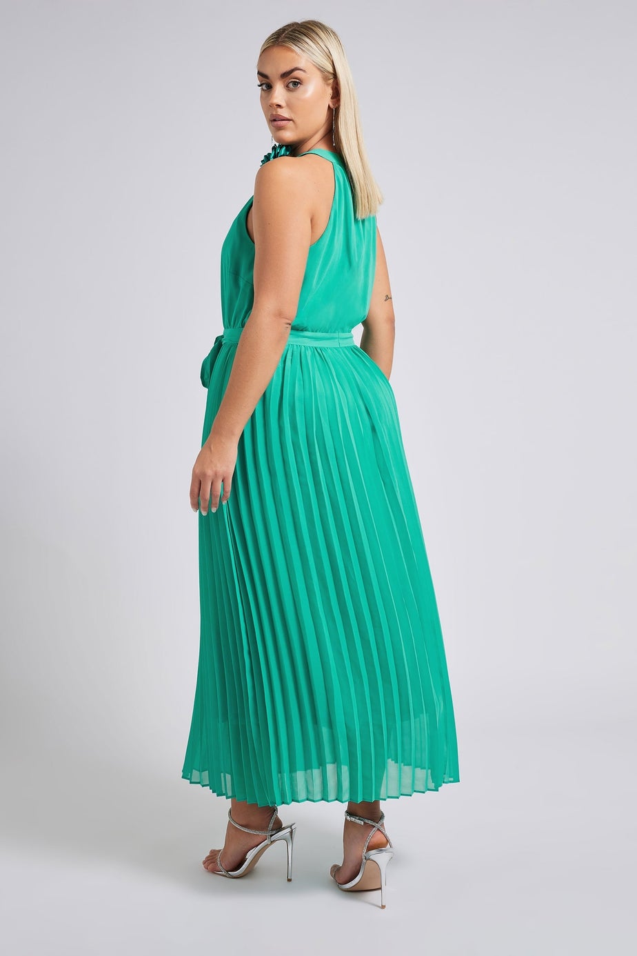Yours London Curve Green Corsage Detail Pleated Maxi Dress