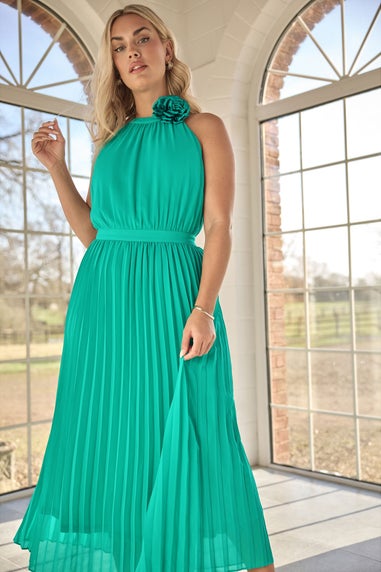 Yours London Curve Green Corsage Detail Pleated Maxi Dress