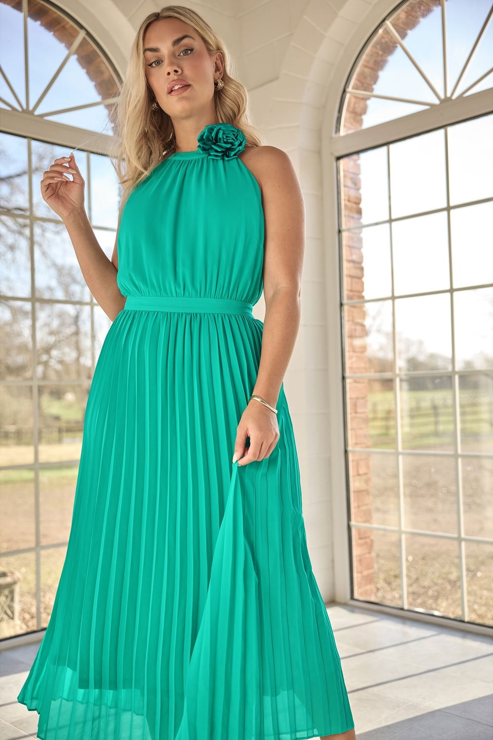 Yours London Curve Green Corsage Detail Pleated Maxi Dress