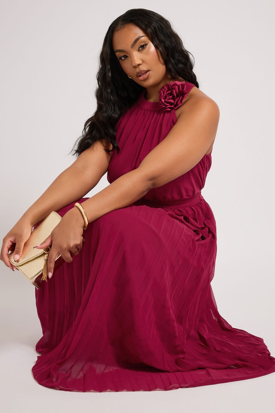 Yours London Curve Red Corsage Detail Pleated Maxi Dress