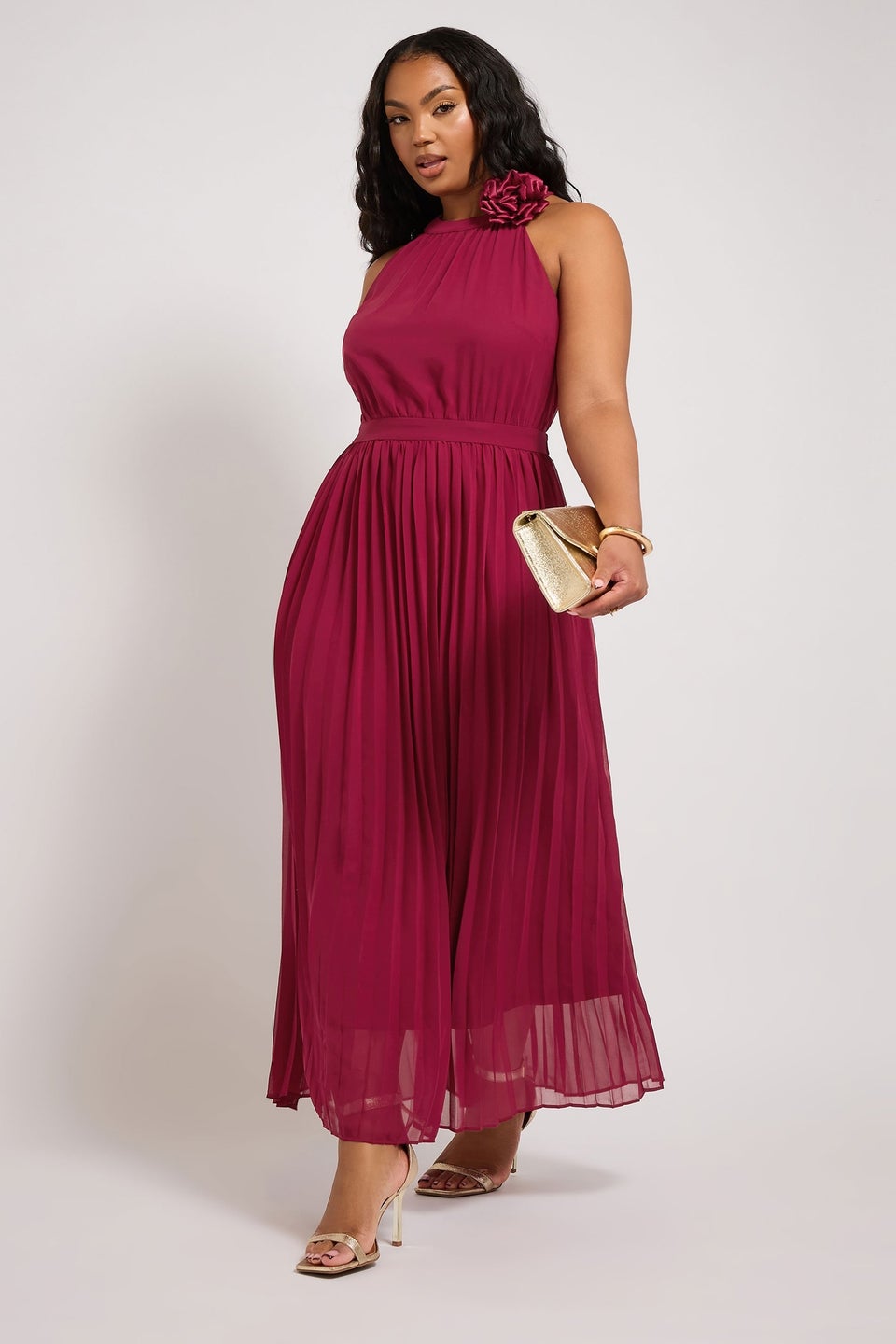 Yours London Curve Red Corsage Detail Pleated Maxi Dress