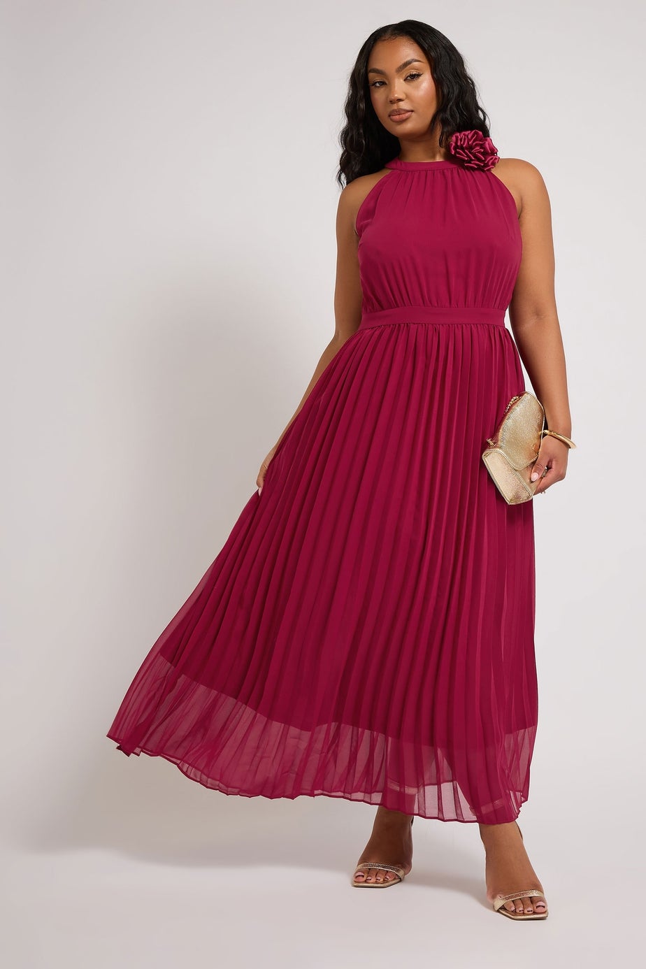 Yours London Curve Red Corsage Detail Pleated Maxi Dress