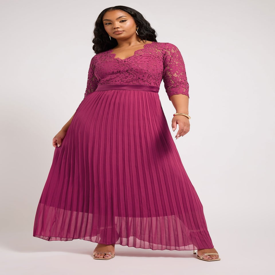 Yours London Curve Pink Lace Wrap Pleated Maxi Dress