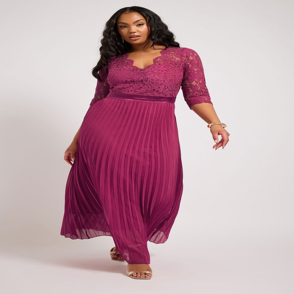 Yours London Curve Pink Lace Wrap Pleated Maxi Dress