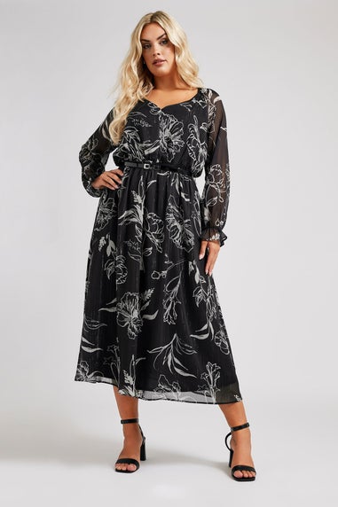 Yours London Curve Black & White Floral Print Metallic Midaxi Dress With Belt