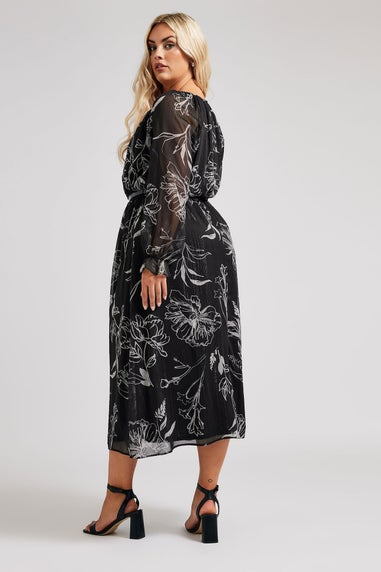Yours London Curve Black & White Floral Print Metallic Midaxi Dress With Belt