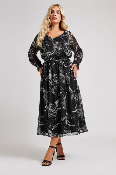 Yours London Curve Black & White Floral Print Metallic Midaxi Dress With Belt