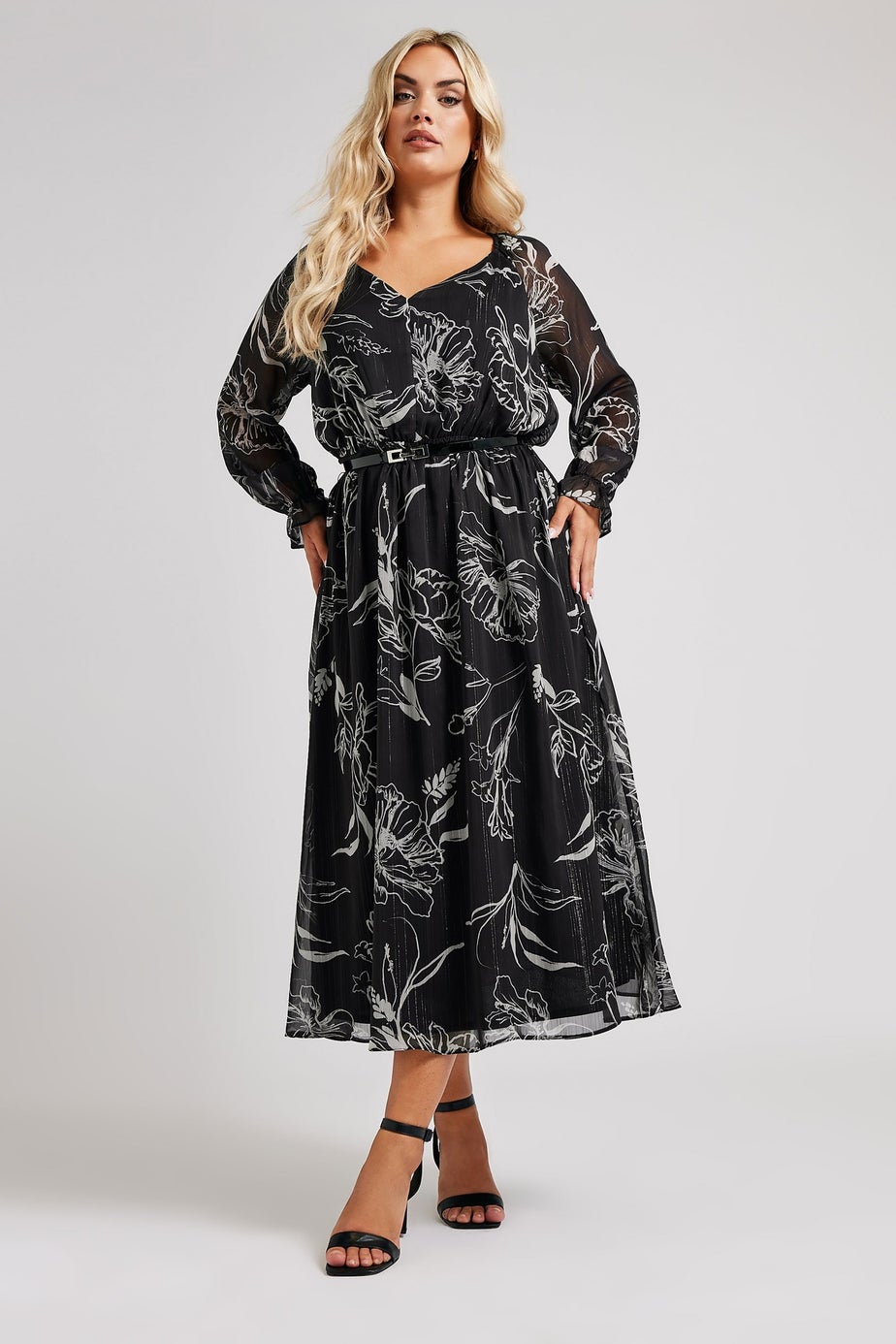 Yours London Curve Black & White Floral Print Metallic Midaxi Dress With Belt